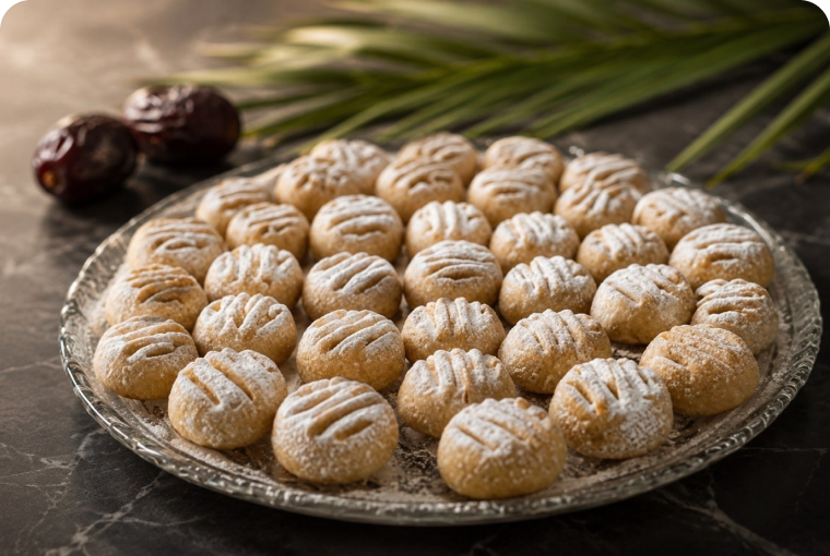 Patterned flour maamoul cookies dusted with icing sugar on a round glass plate beside whole dates.