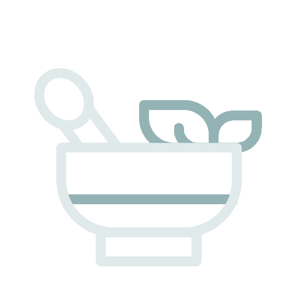 Minimalist line icon of a mortar and pestle with medicinal leaves on a dark background.