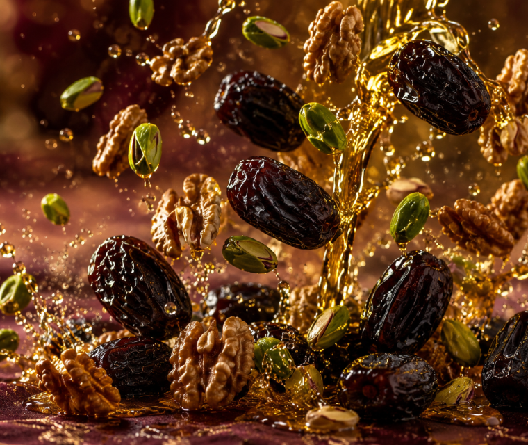 Dates, walnut halves, and pistachios splashing mid-air with golden honey droplets on a dark backdrop.