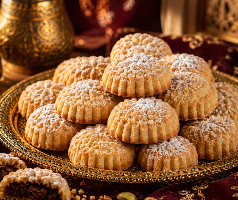Traditional patterned ma'amoul pastries with powdered sugar served on an ornate gold tray.