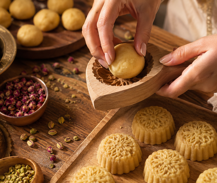 Hands pressing dough into a traditional carved wooden mould to make Middle Eastern ma'amoul pastries on a wooden table.